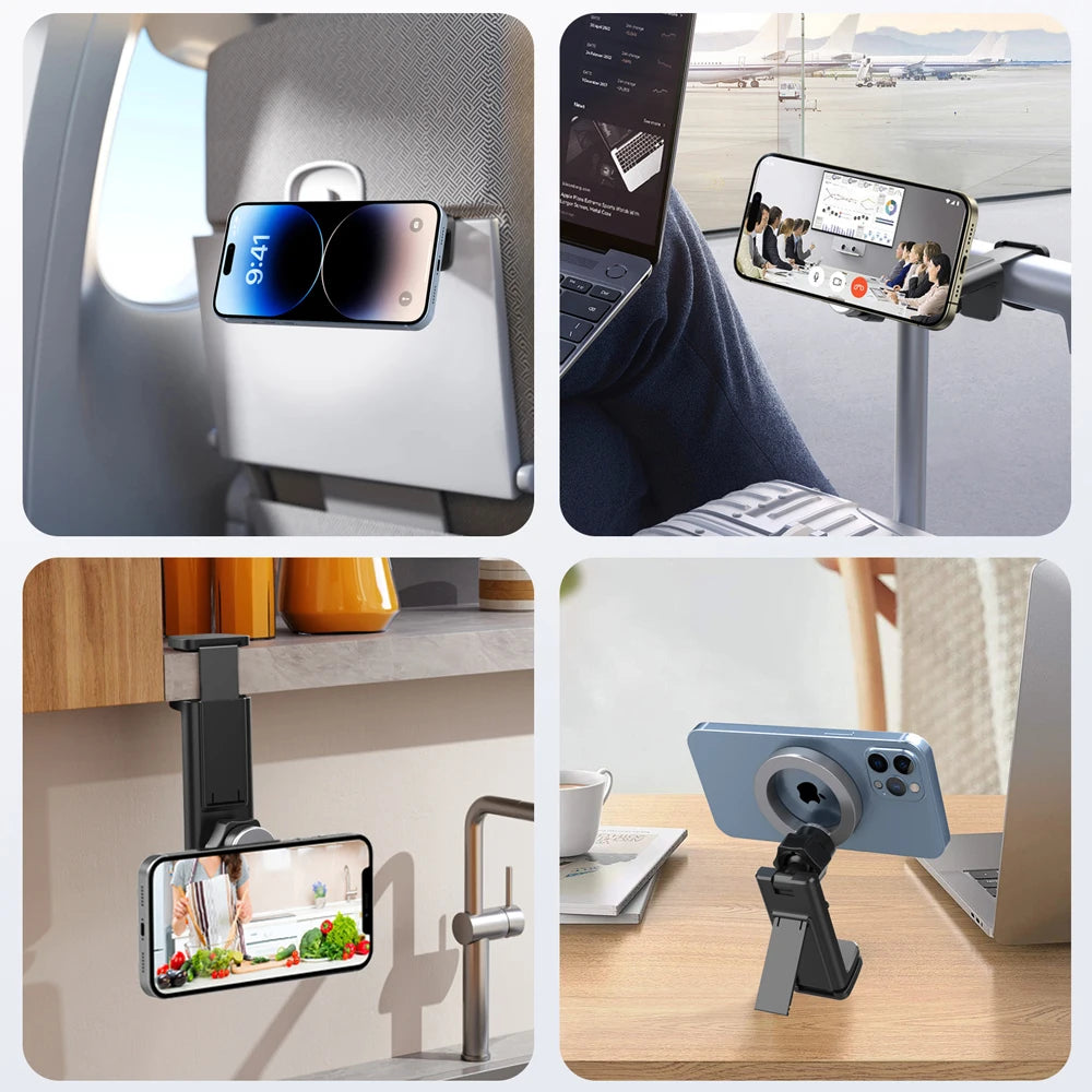 Airplane Mobile Phone Holder Portable Magnetic Travel Phone Mount Flight Seat or Desk which has Clip and MagSafe