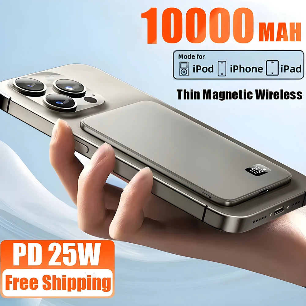 10000mAh, 5000mAh Thin Magnetic Wireless Power Bank PD25W Fast Charging Portable External Battery  Magsafe Phones Compatible