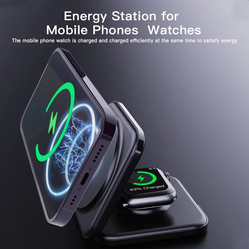 30W Magnetic Wireless Charger 3 in 1 Fast Charging Station Foldable Phone Holder Stand for iPhone 12 or later versions, AppleWatch AirPods Airpods