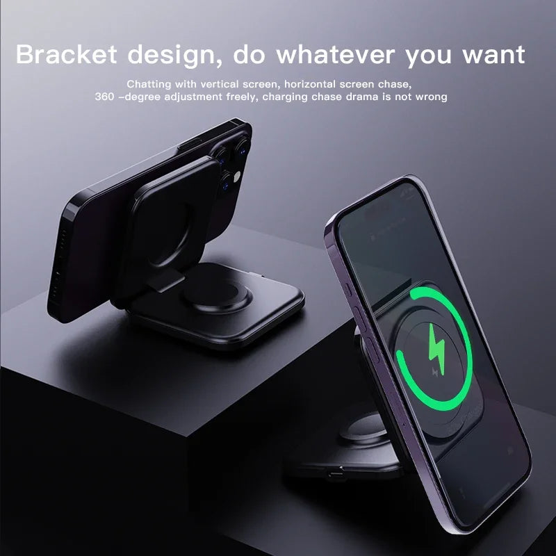 30W Magnetic Wireless Charger 3 in 1 Fast Charging Station Foldable Phone Holder Stand for iPhone 12 or later versions, AppleWatch AirPods Airpods