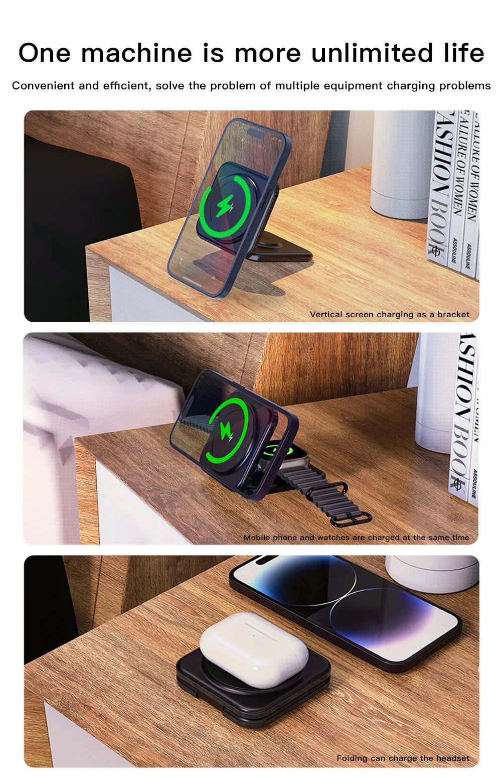 30W Magnetic Wireless Charger 3 in 1 Fast Charging Station Foldable Phone Holder Stand for iPhone 12 or later versions, AppleWatch AirPods Airpods