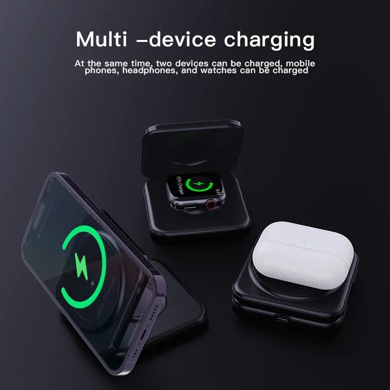 30W Magnetic Wireless Charger 3 in 1 Fast Charging Station Foldable Phone Holder Stand for iPhone 12 or later versions, AppleWatch AirPods Airpods