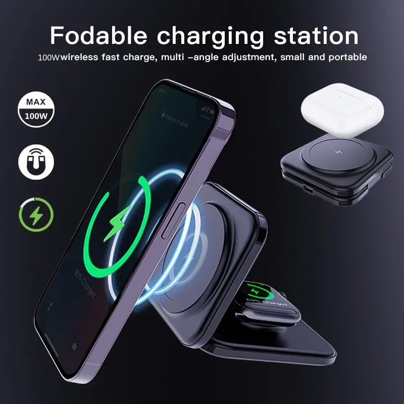 30W Magnetic Wireless Charger 3 in 1 Fast Charging Station Foldable Phone Holder Stand for iPhone 12 or later versions, AppleWatch AirPods Airpods